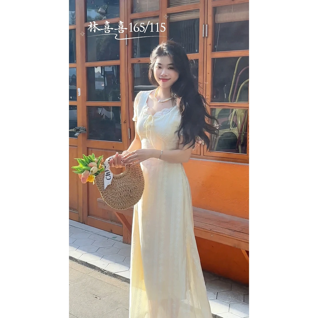 香草奶油 夏季中长款连衣裙短袖轻薄款法式复古拼接蕾丝
