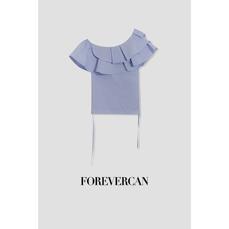 FOREVERCAN“尼斯海岸”法式荷叶领条纹斜肩领短袖衬衫 ST21803