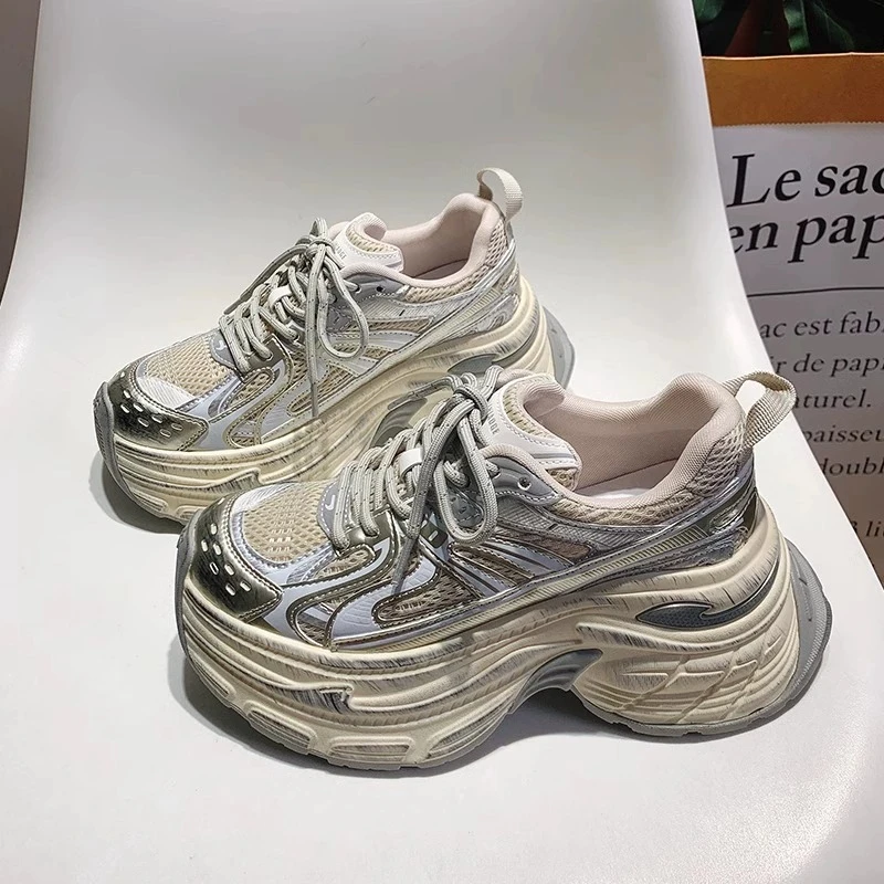 厚底增高做旧老爹鞋女2025新款春夏网面小个子显高休闲运动女鞋子