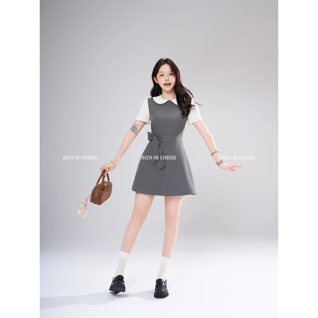 金川川 少女日记【部分现货】 夏季气质设计感拼接蝴蝶结收腰连衣裙