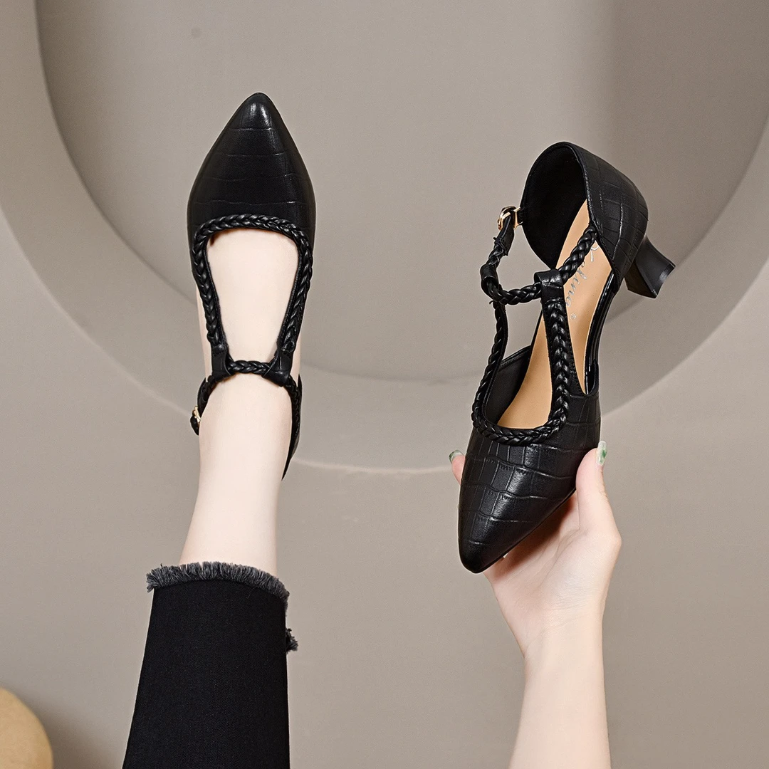 女法式凉鞋浅口包头百搭搭扣格子中跟时装凉鞋细跟粗跟高跟MZ3159