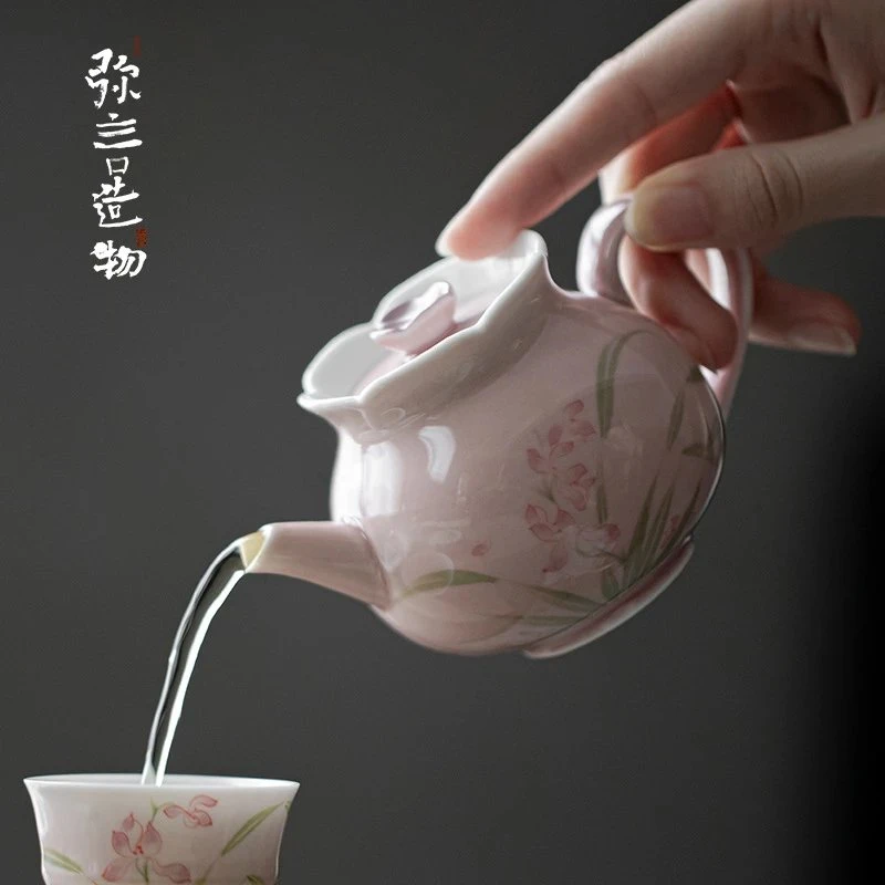 如伶玉泥苍烟红手工陶瓷创意花口茶壶纯手绘兰花功夫带过滤泡茶壶
