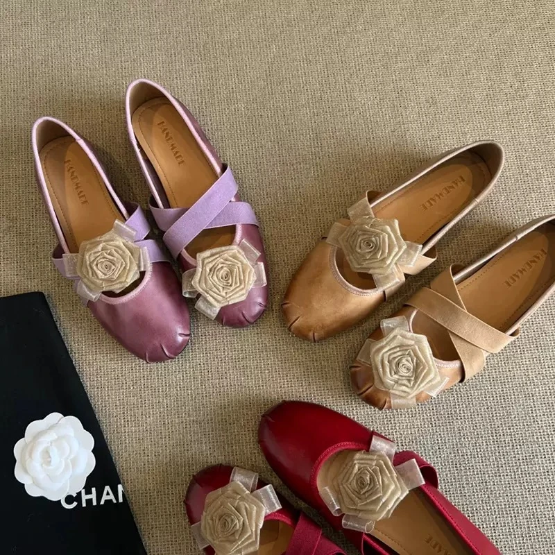 5CM法式复古山茶花朵玛丽珍单鞋女2025新款百搭交叉松紧带