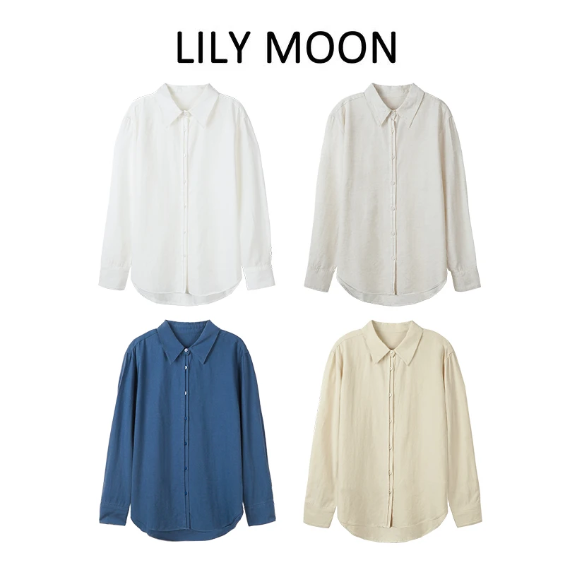 LILYMOON 新款上衣衬衫极简ins风亚麻翻领长袖衬衫休闲