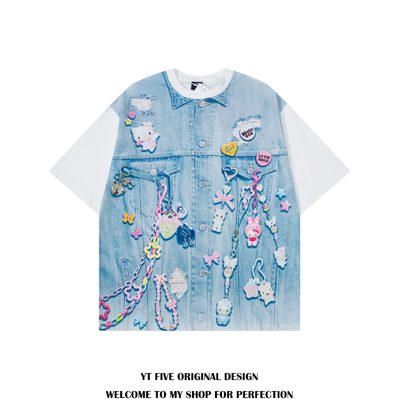 YTFIVE 国潮牌美式趣味手绘假两件凯蒂猫印花短袖T恤男女宽松半袖