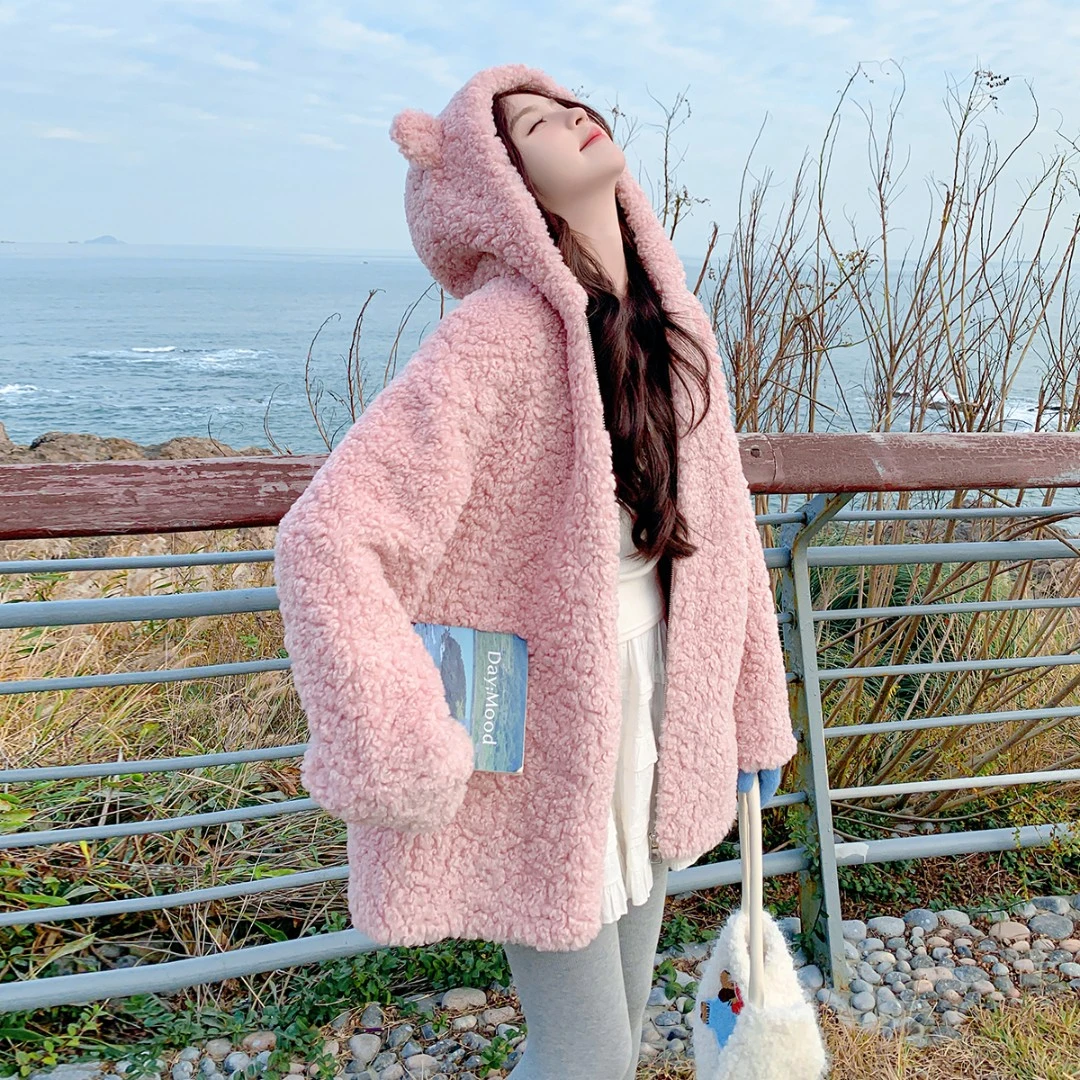 粉色连帽仿羊羔毛外套女秋冬新款温柔风甜美加绒加厚短款减龄棉衣