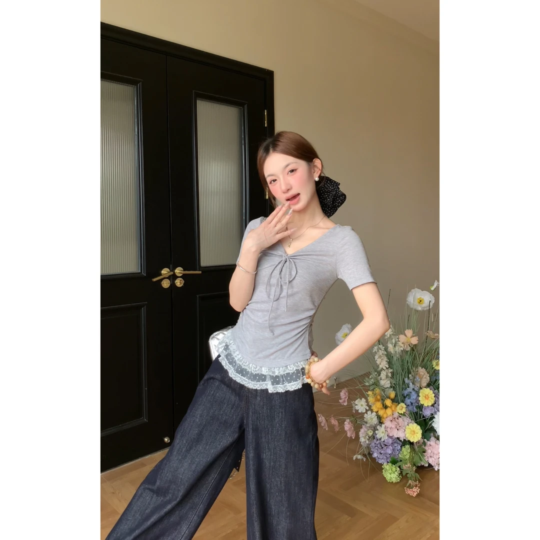 欧阳喜【蕾丝云影】显瘦夏季修身日常蕾丝灰色甜美上衣221T1572+