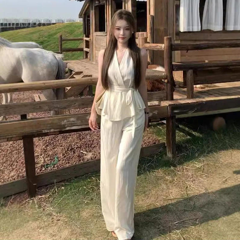 时尚套装法式设计感V领绑带背心上衣高腰阔腿裤两件套女夏季时尚
