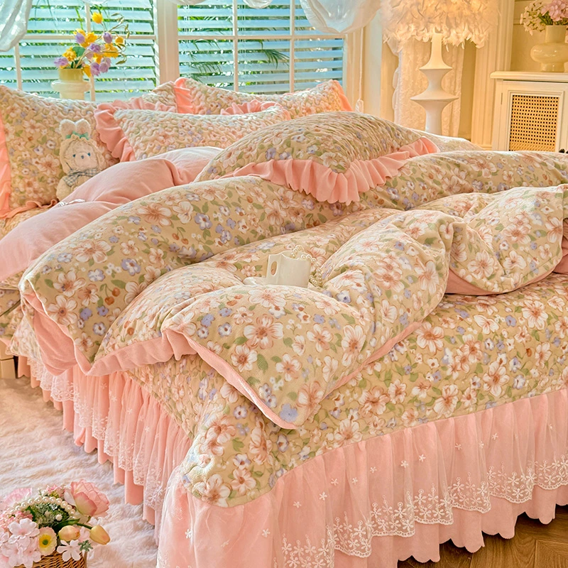 冬季加厚牛奶绒床盖四件套蕾丝花边床盖夹棉冬季床上加绒四件套