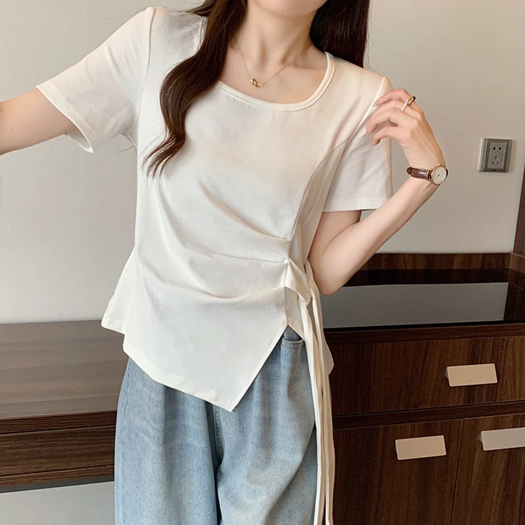 方领不规则正肩短袖t恤女夏季新款设计感显瘦褶皱收腰绑带上衣