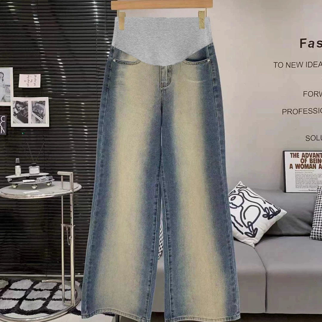 孕妇复古撞色阔腿牛仔裤