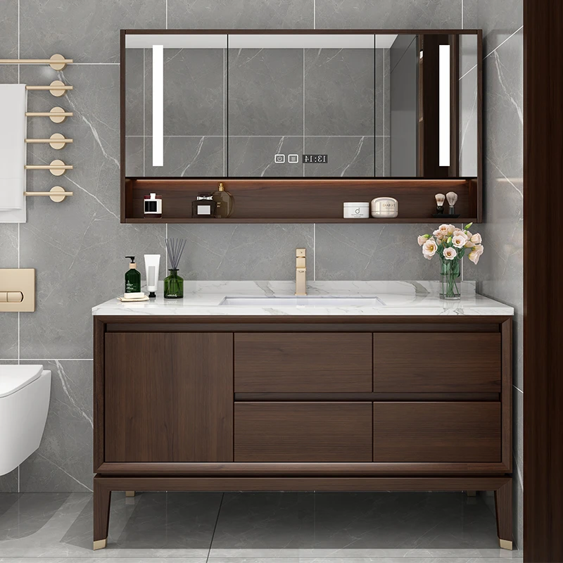 新中式浴室柜岩板智能镜柜陶瓷一体盆实木奢石卫浴柜落地洗脸盆柜