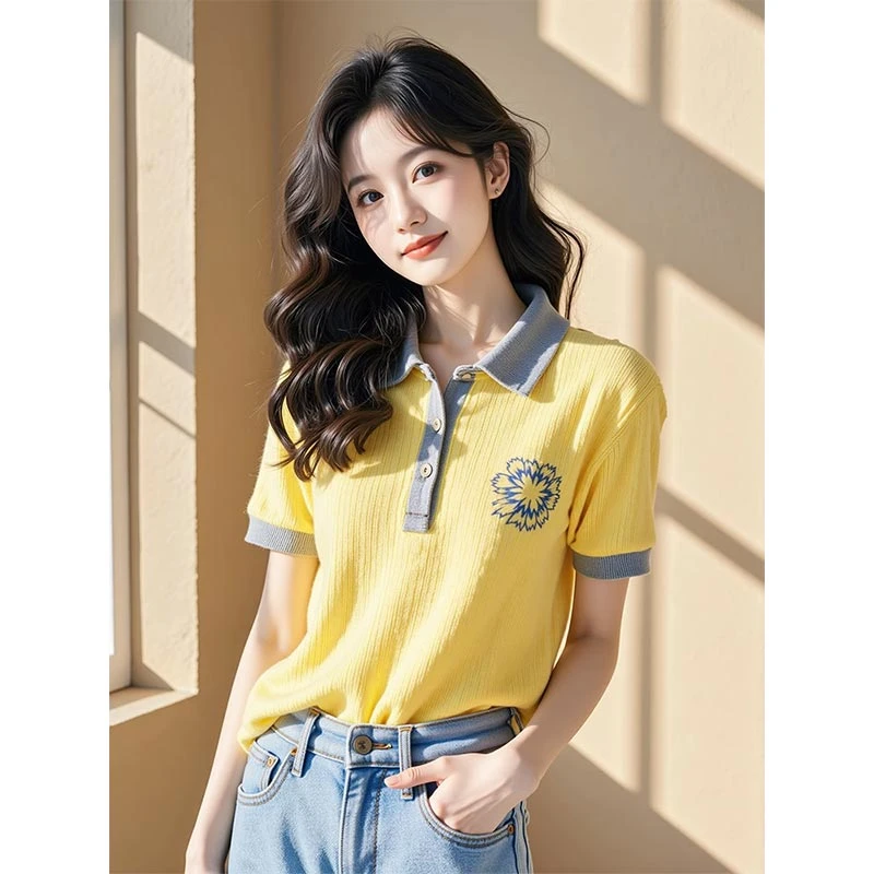韩式爆款小香风休闲撞色设计感polo衫短袖女2025春秋百搭上衣
