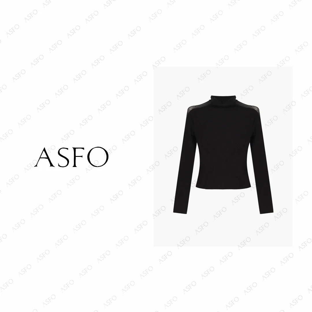 【AS美杜莎】25半高领网纱拼接性感微透修身弹力上衣AS25QMZZS04210