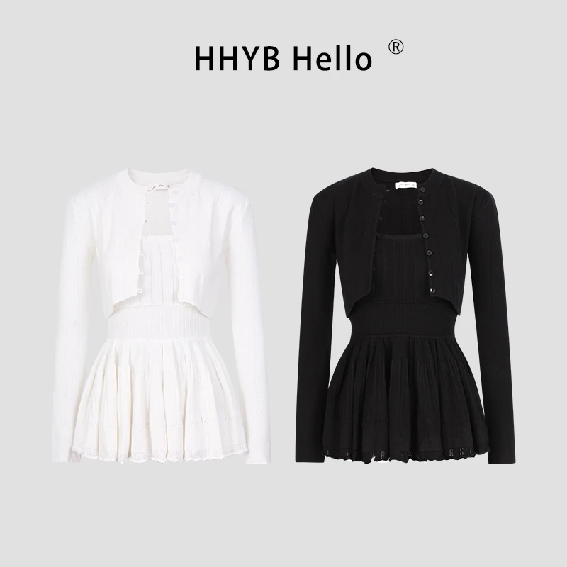 HHYB Hello2025夏新款圆领长袖开衫收腰吊带短裙两件套QM1194套装