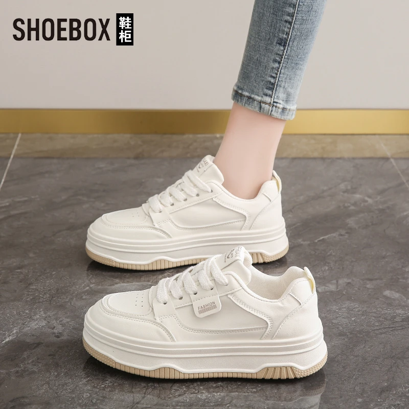 SHOEBOX鞋柜百搭女鞋厚底皮面小白鞋女2025新款春季时尚运动鞋