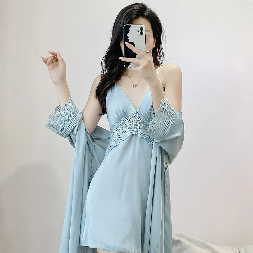 【梦幻香草】后背镂空吊带睡裙两件套纯欲风冰丝睡衣女夏性感露背