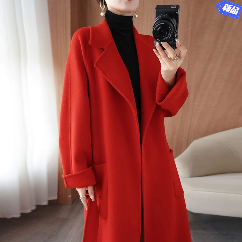 100%纯羊毛双面呢羊绒大衣女大码休闲气质韩版宽松长款羊毛呢外套