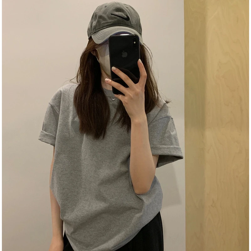 新款夏季宽松半袖磨毛圆领恤女春夏装时髦显瘦中长款短袖上衣气