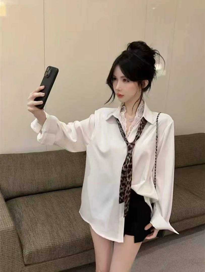 莉莉家衬衣豹纹领带纯色衬衣收腰宽松时尚春款新款