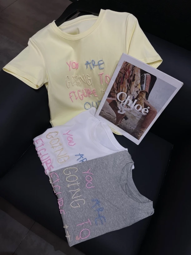 KW【糖果色】南油欧货小众设计感重工钉珠百搭夏季短款T恤纯棉女款