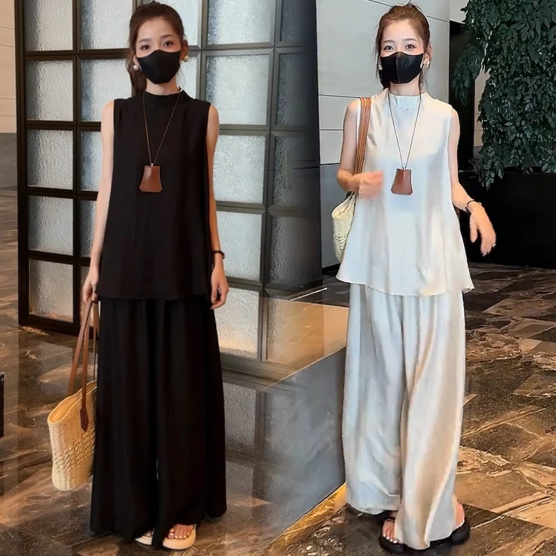 时尚气质套装女2025夏季新款洋气宽松显瘦无袖上衣阔腿裤两件套潮