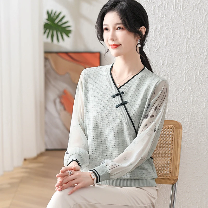 妈妈春秋纱袖上衣洋气t恤薄款中老年女装秋装中国风针织打底小衫