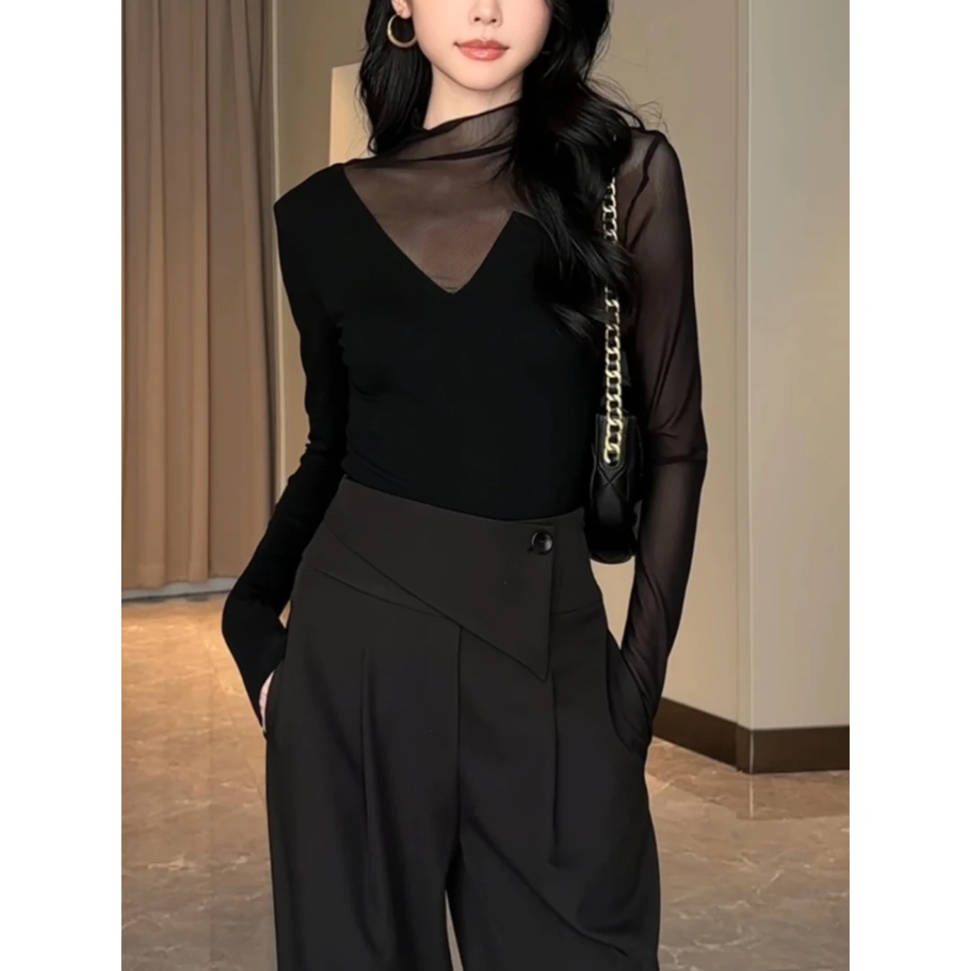 性感显瘦网纱拼接上衣女2024秋季新款修身高领长袖紧身打底T恤女