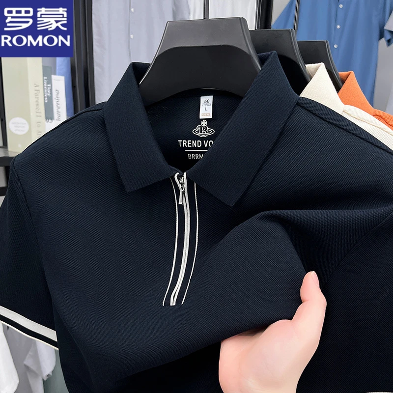 罗蒙短袖t恤中年POLO衫棉质半袖男士夏季透气针织衫大码宽松上衣