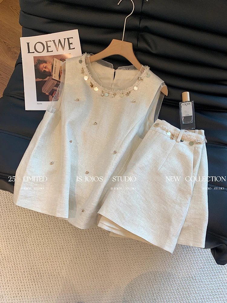 法式小香风爆款钉珠套装女夏2025新款洋气夏装减龄气质短裤两件套