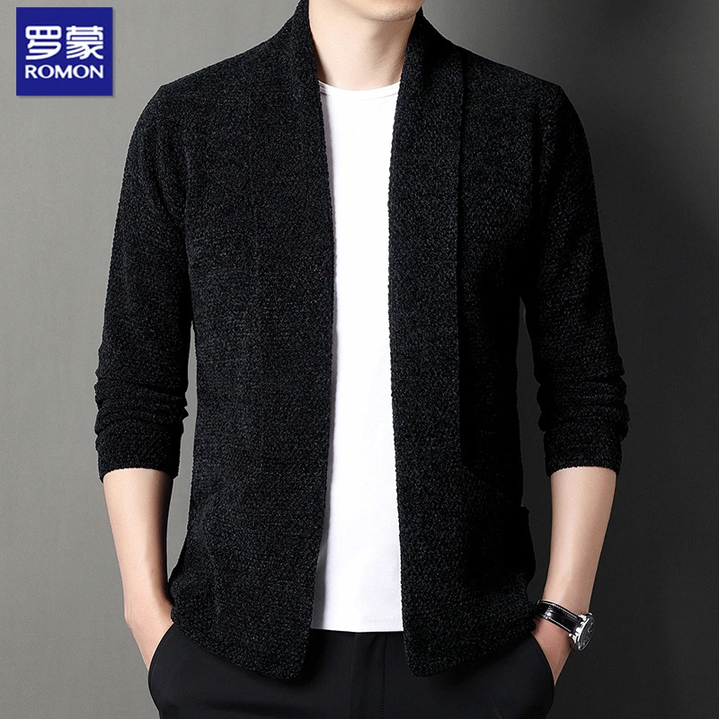 罗蒙春秋季新款针织开衫男士毛衣爸爸外套长袖休闲雪尼尔高档韩式
