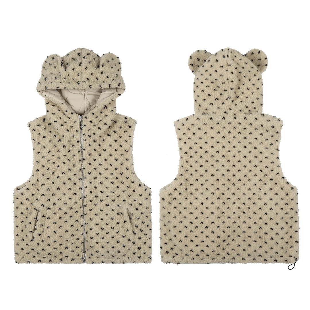 TOM潮 韩系可爱风绒绒连帽小熊耳朵夹棉马甲满印百搭减龄宽松百搭