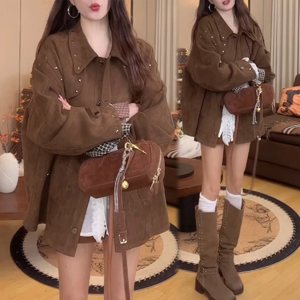 美拉德复古时尚套装女2025秋季新款慵懒风休闲外套衬衫短裤两件套