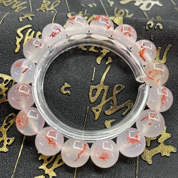 精品南红12.5mm单圈手串，高冰飘红，超强荧光