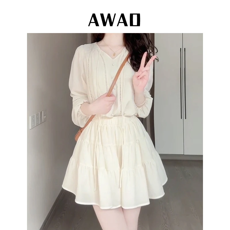 Awao2025年夏季新款法式休闲小个子白色裙套装C2B50387