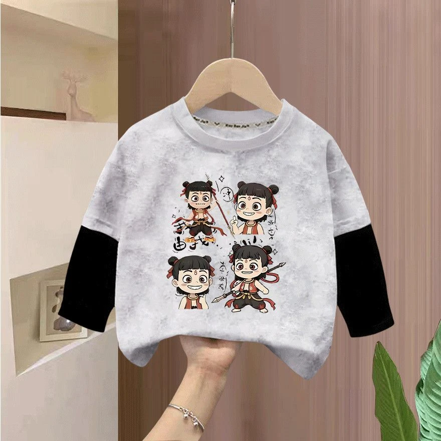 哪吒男童夏季长袖t恤新款洋气儿童酷帅扎染渐变长袖宝宝时髦上衣t