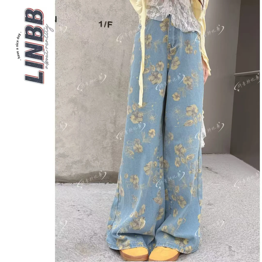 林北鼻-【小黄花】韩单东大门花染高腰水洗棉牛仔阔腿裤