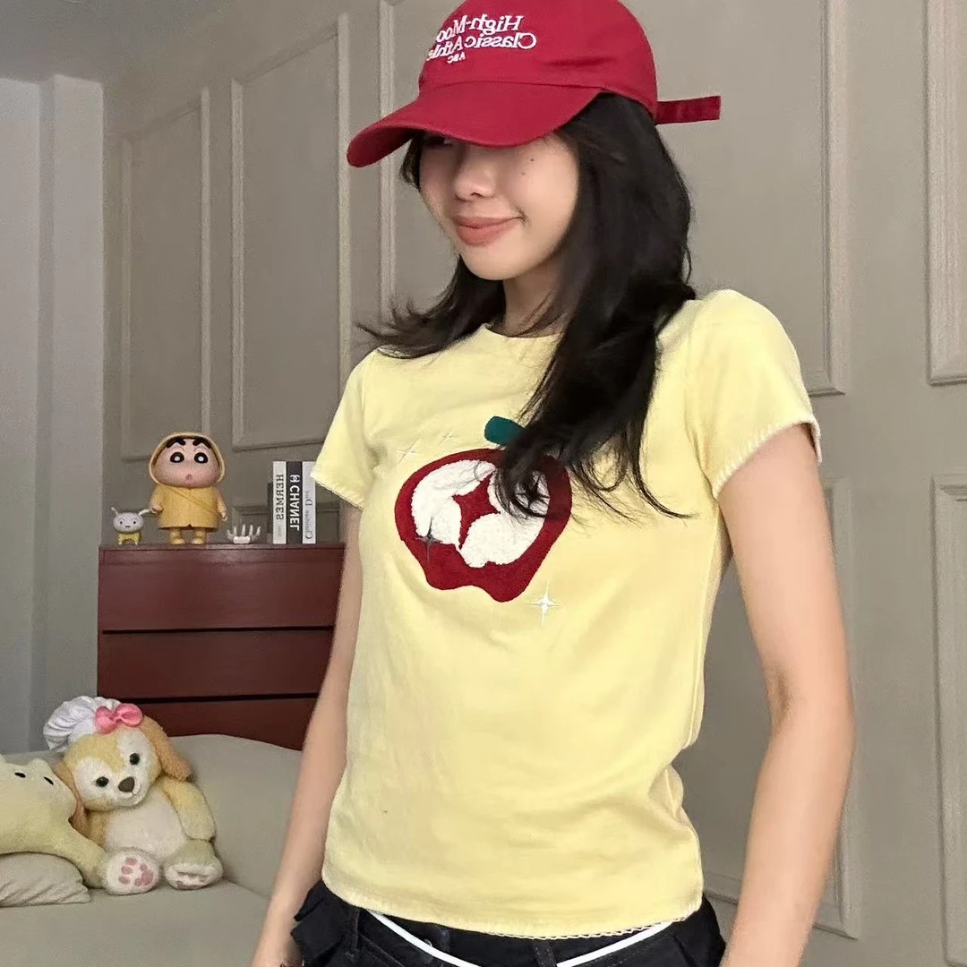 【青青】苹果正肩修身趣味短袖一字绣工艺T恤#Z22742无运补