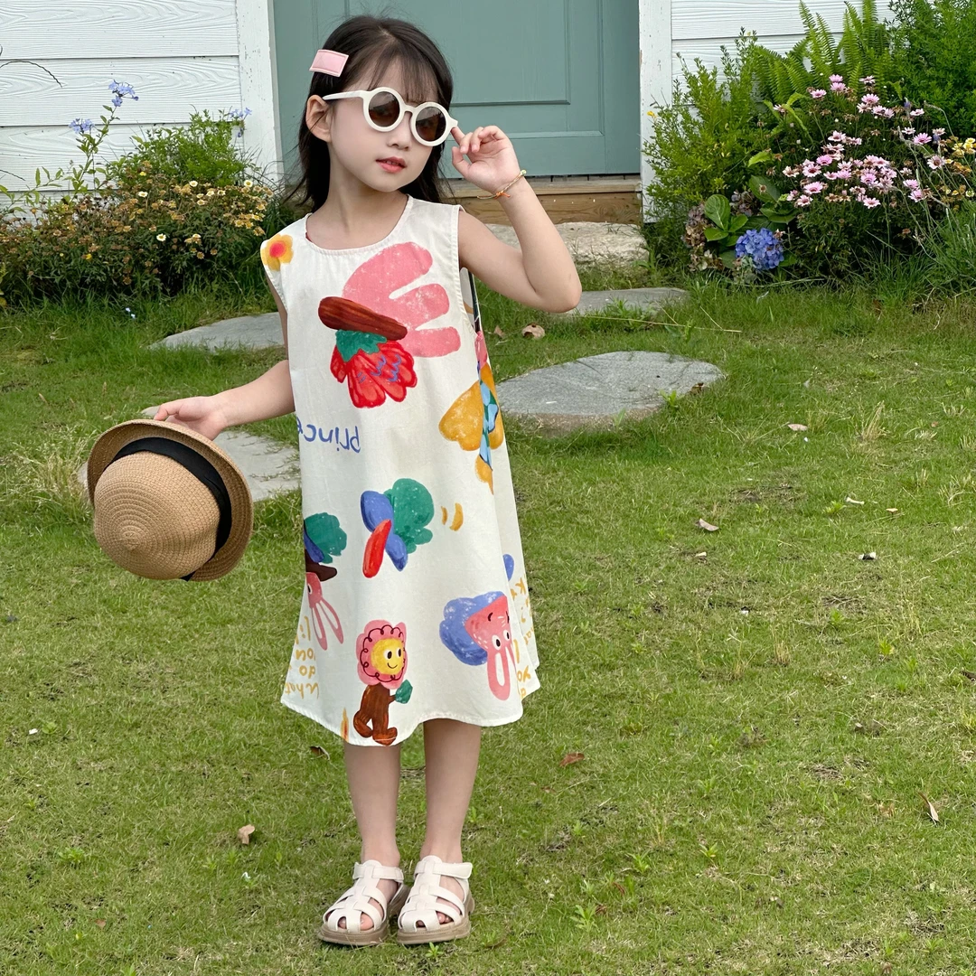 女童连衣裙童趣卡通印花女宝夏装2025新款无袖女宝裙子儿童童装