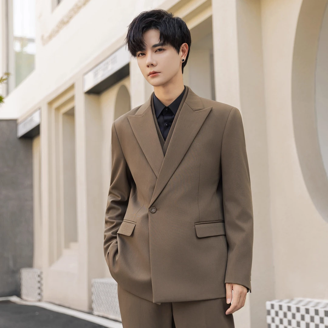 花花公子假两件戗驳领西装外套男士春秋宽松韩版潮流休闲西服套装