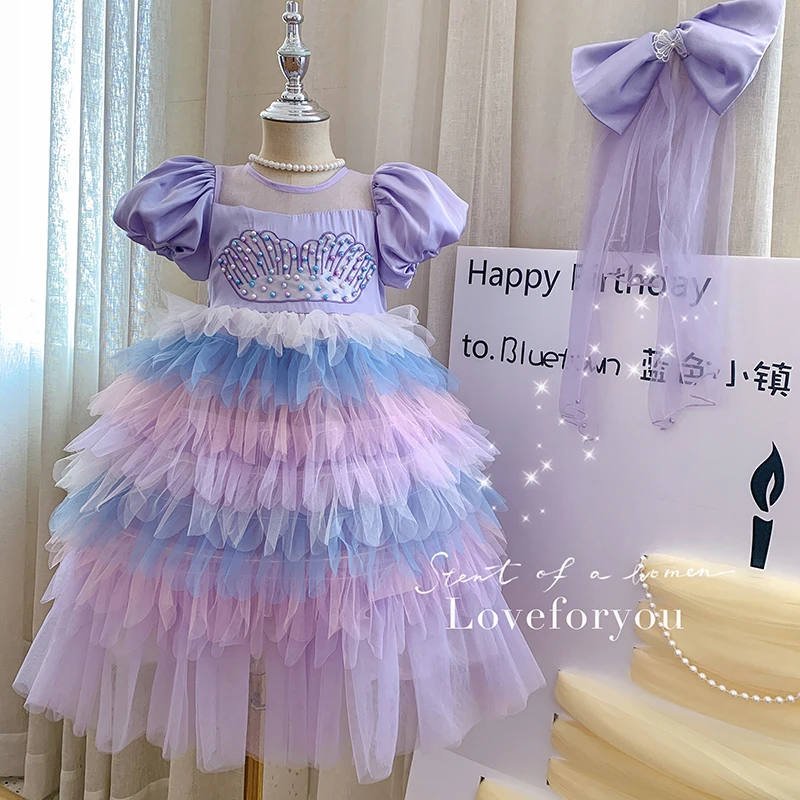 2025夏”人鱼公主”女童泡泡袖撞色网纱公主连衣裙25010