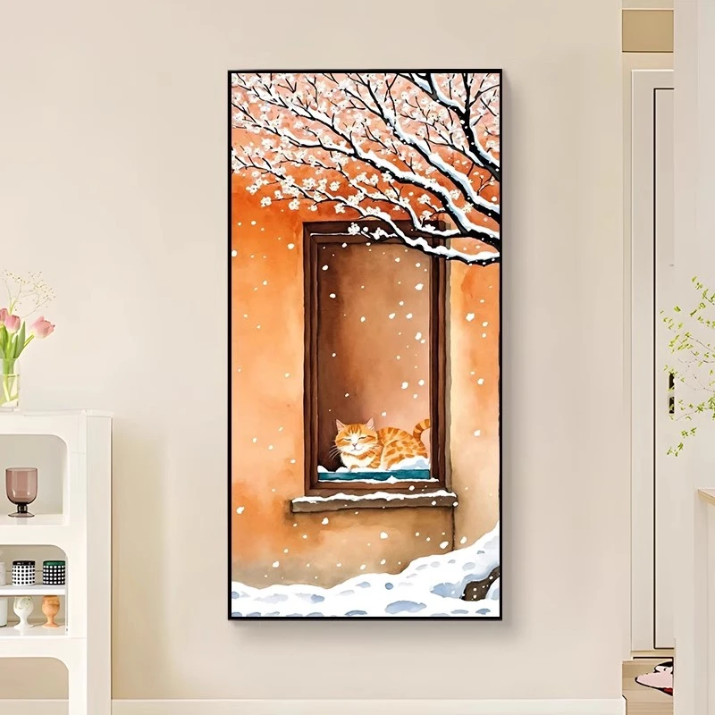 (大尺寸大雪橘猫）diy数字油画红线条手工涂色解压治愈丙烯装饰画