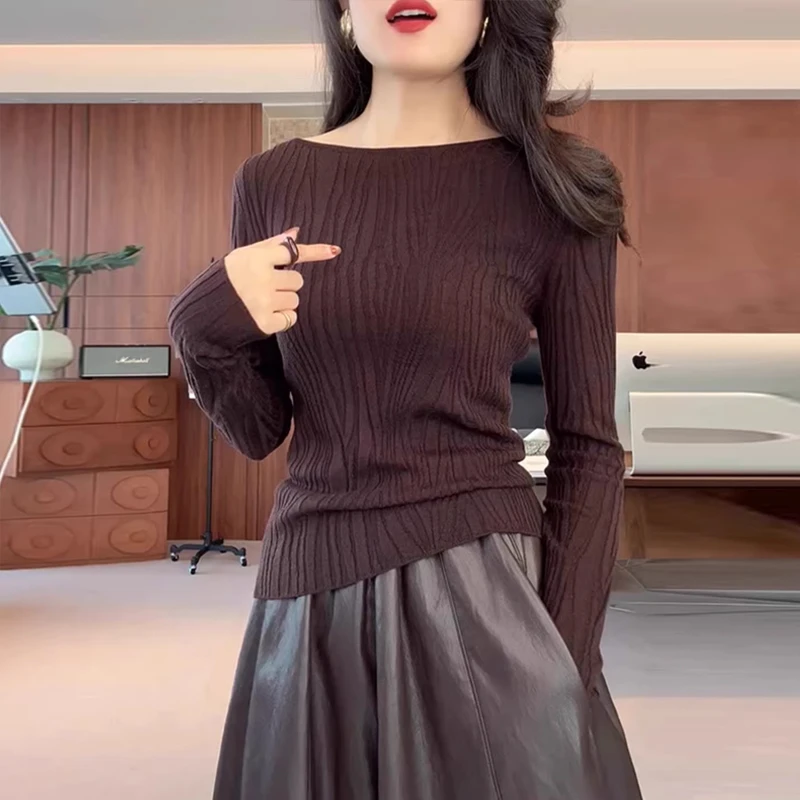 水波纹咖色长袖针织打底衫女秋冬内搭大码微胖MM气质修身显瘦上衣