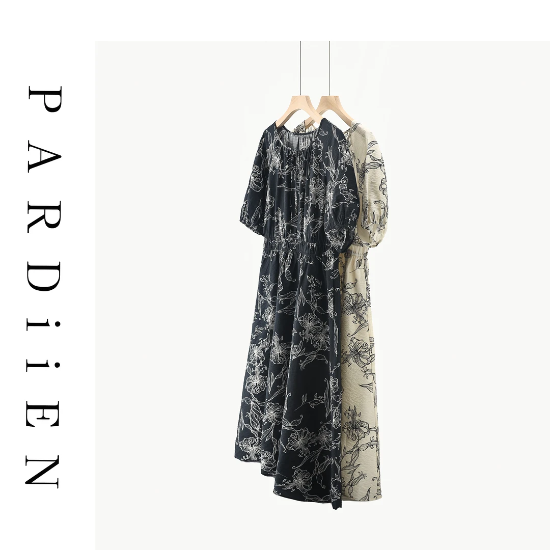 【北总严选】帕迪恩抽绳领束腰天丝麻印花连衣裙25X896