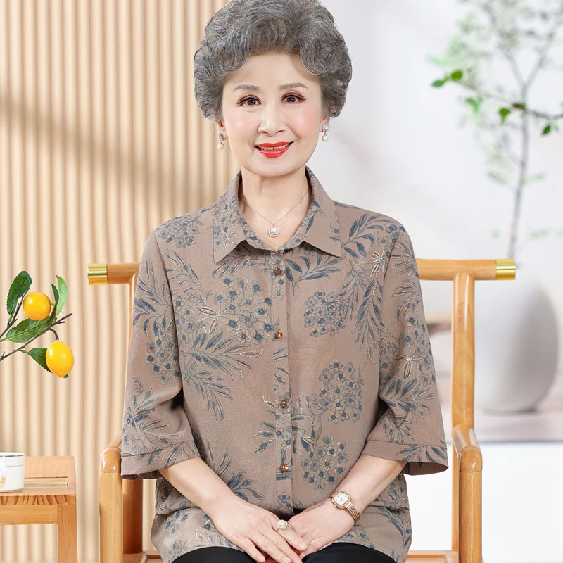 中老年人夏装女奶奶衬衫大码宽松妈妈装夏季上衣翻领老人太太衣服