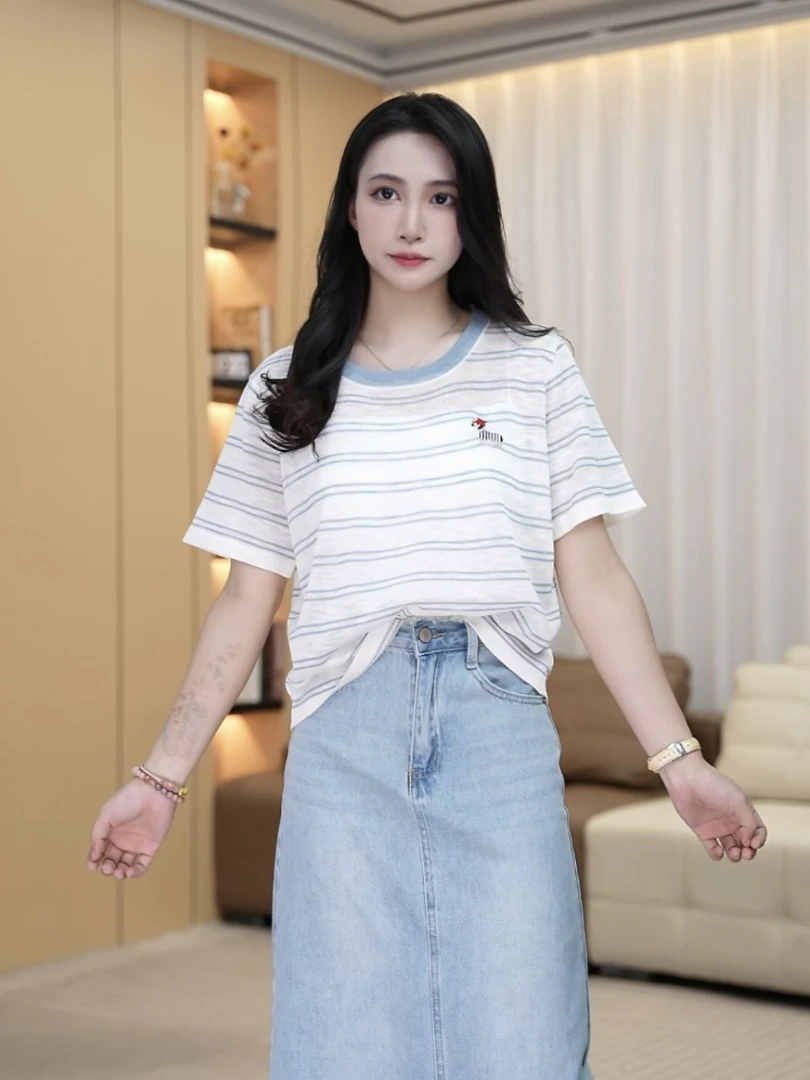 Y601腊肠狗短袖圆领条纹薄款女夏百搭上衣针织衫刺绣显瘦不褪色