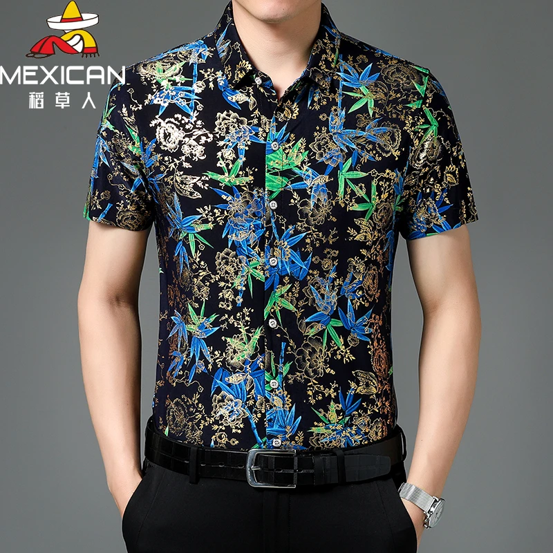 稻草人夏季中年男士冰丝短袖印花衬衫薄款休闲大码半袖烫金衬衣男