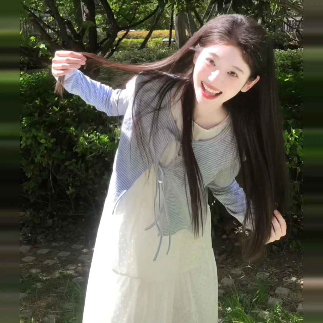 温柔风长袖针织衫外套蕾丝拼接初恋吊带连衣裙夏季新款套装女6852