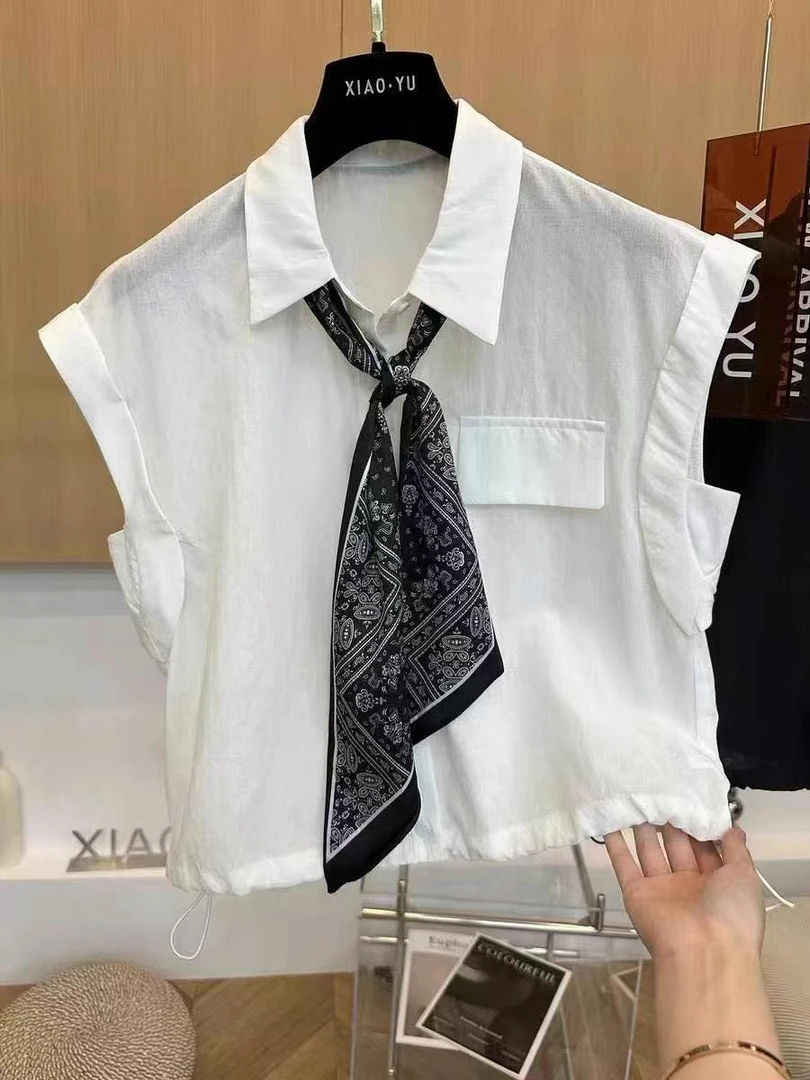 夏季时尚气质无袖POLO领配丝巾衬衫女宽松百搭短款上衣