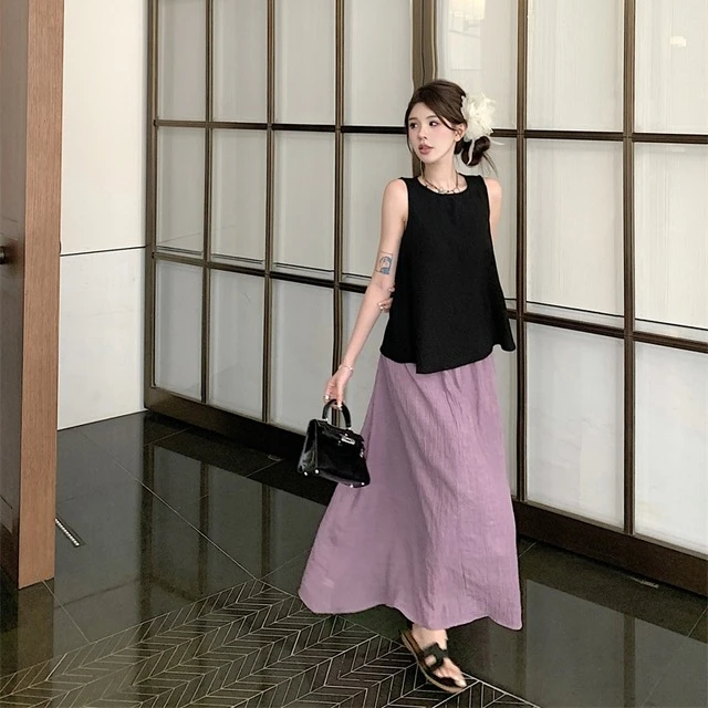 独特绝美套装裙黑色遮肚子无袖背心上衣+紫色半身裙两件套女春季